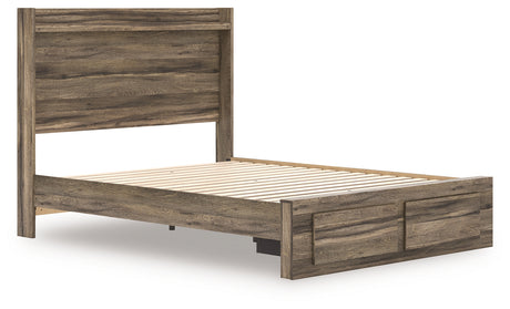 Side angle of Elbrim queen panel storage bed in weathered brown finish