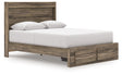 Elbrim queen panel storage bed corner angle showing LED lighting and storage drawers