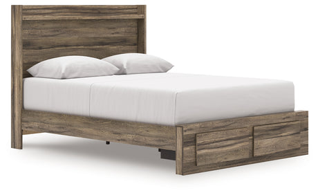 Elbrim queen panel storage bed corner angle showing LED lighting and storage drawers