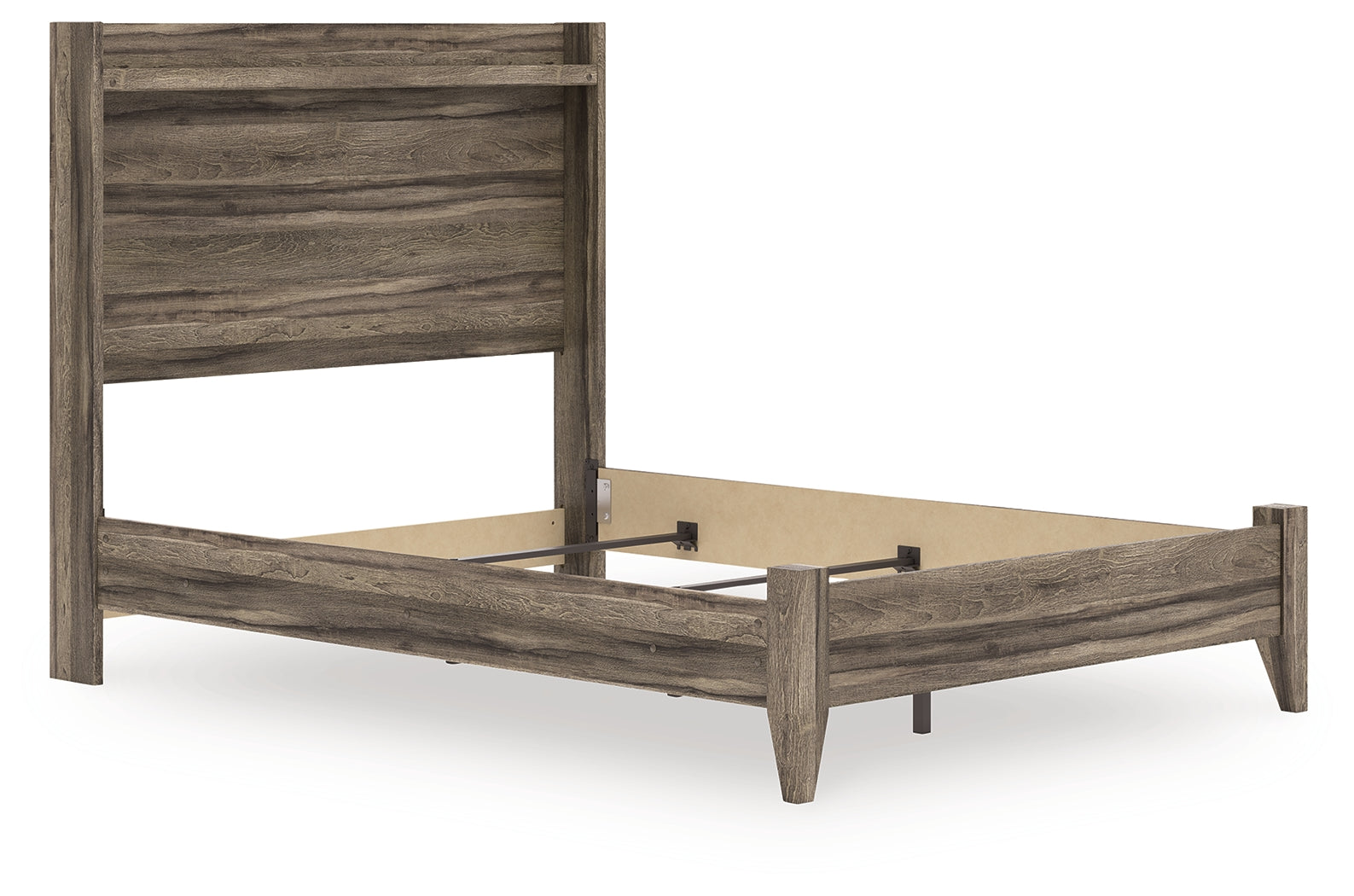 Elbrim full panel bed in weathered brown, left angled side view