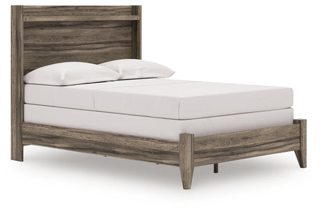 Elbrim full panel bed in weathered brown, right angled side view