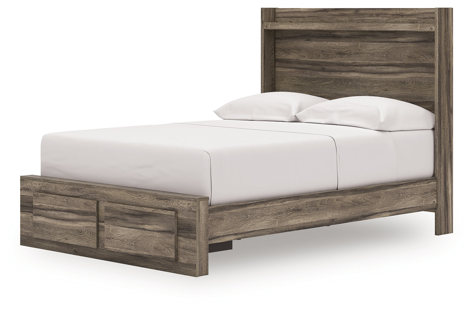 Side angle showing drawer storage under full-size bed