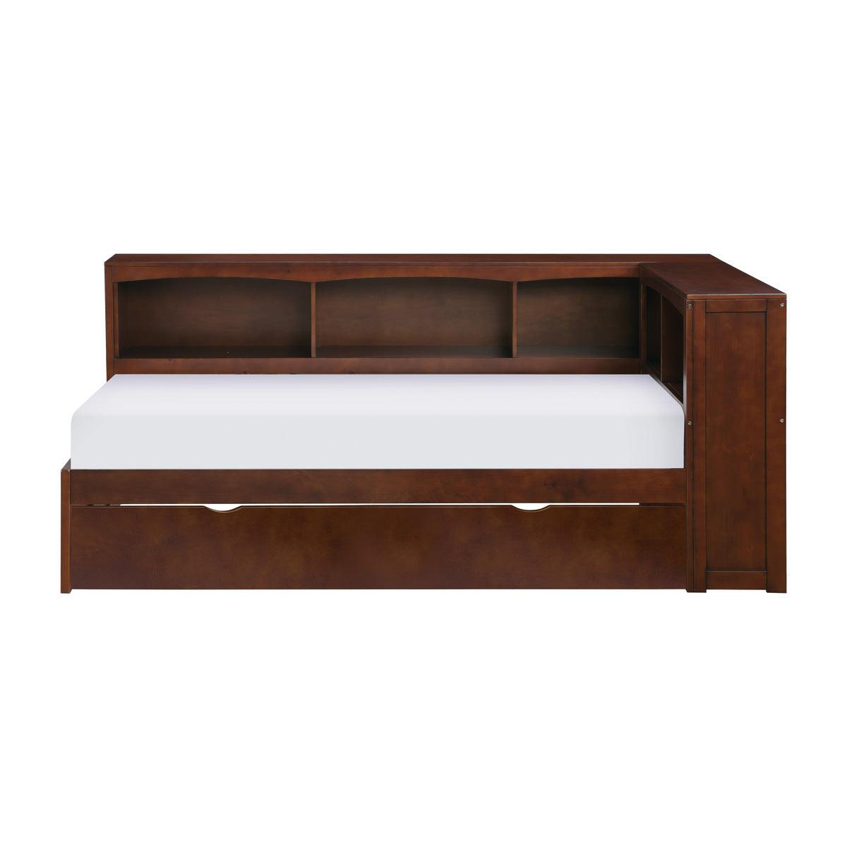 Rowe Dark Cherry Pine Veneer, Wood And Engineered Wood Twin Bookcase Corner Bed With Twin Trundle - Ella Furniture