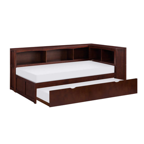 Rowe Dark Cherry Twin Bookcase Platform Corner Bed with Trundle - trundle bed open and ready for use