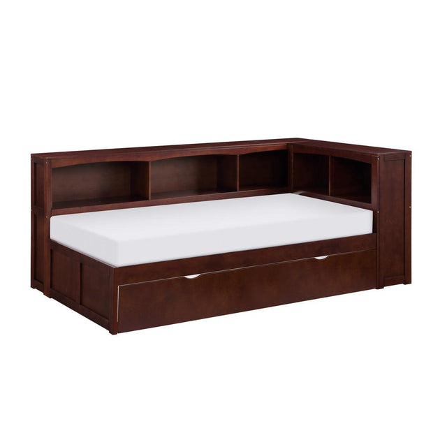 Rowe Dark Cherry Pine Veneer, Wood And Engineered Wood Twin Bookcase Corner Bed With Twin Trundle - Ella Furniture