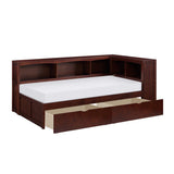 Rowe Dark Cherry Twin Bookcase Corner Bed with Storage Boxes with drawers extended