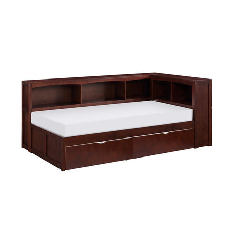 Rowe Dark Cherry Pine Veneer Wood Twin Bookcase Corner Bed with Storage Boxes side angle