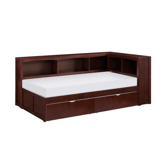 Rowe Dark Cherry Pine Veneer Wood Twin Bookcase Corner Bed with Storage Boxes side angle