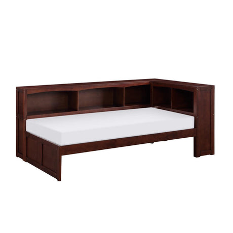 Rowe Dark Cherry Twin Bookcase Corner Bed side view showing storage drawers