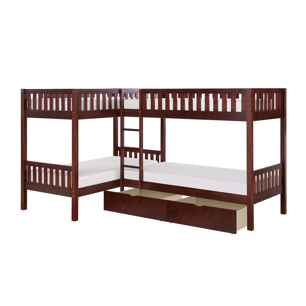 Rowe Dark Cherry Corner Bunk Bed with Storage Boxes open storage boxes visible