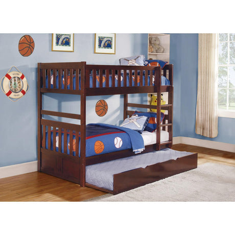 Close-up of Rowe dark cherry twin bunk bed with guard rails and ladders