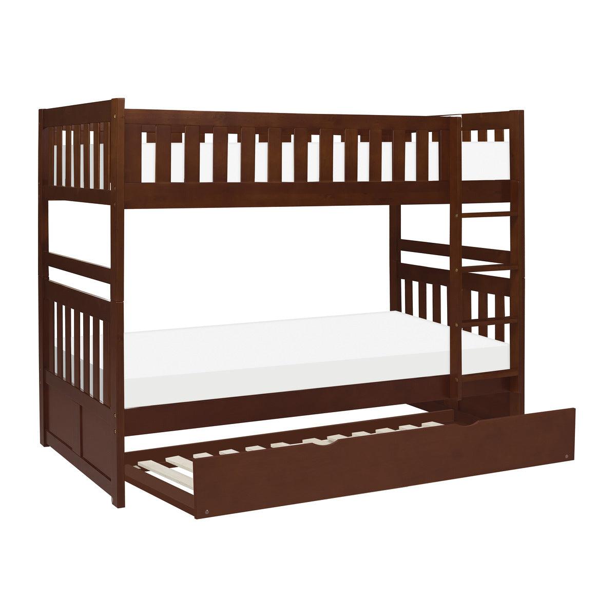 Rowe twin over twin bunk bed showing pull-out trundle extended