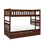 Side view of Rowe dark cherry twin bunk bed with twin trundle