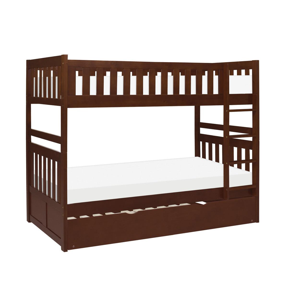 Side view of Rowe dark cherry twin bunk bed with twin trundle