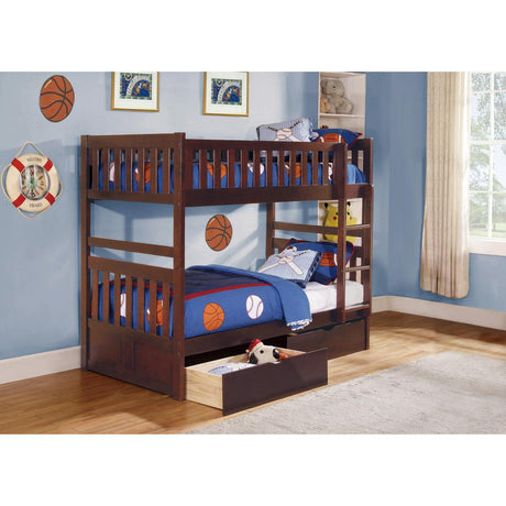 Rowe twin over twin bunk bed with dark cherry finish