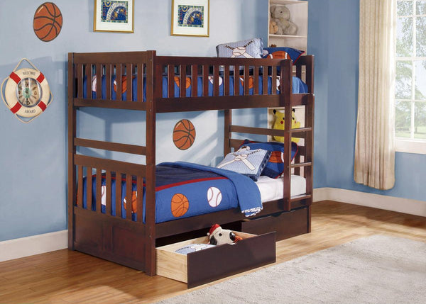 Rowe twin over twin bunk bed with dark cherry finish