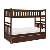 Side angle of Rowe dark cherry twin over twin bunk bed