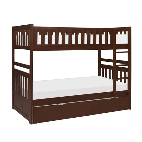 Side angle of Rowe dark cherry twin over twin bunk bed