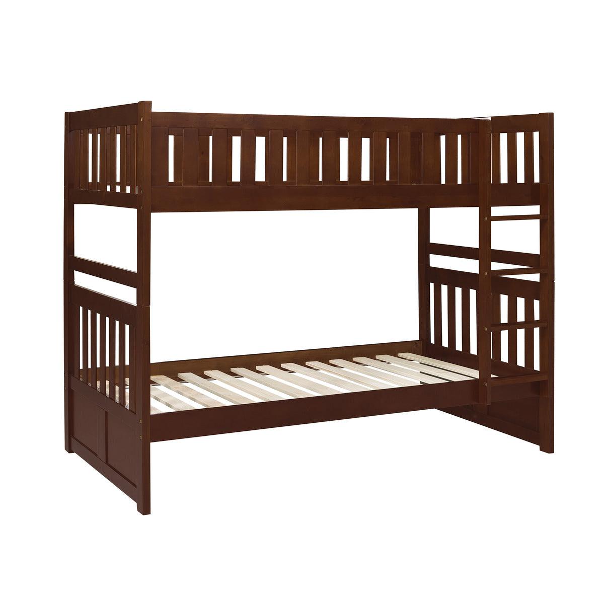 Rowe Dark Cherry Twin Over Twin Bunk Bed angled side view