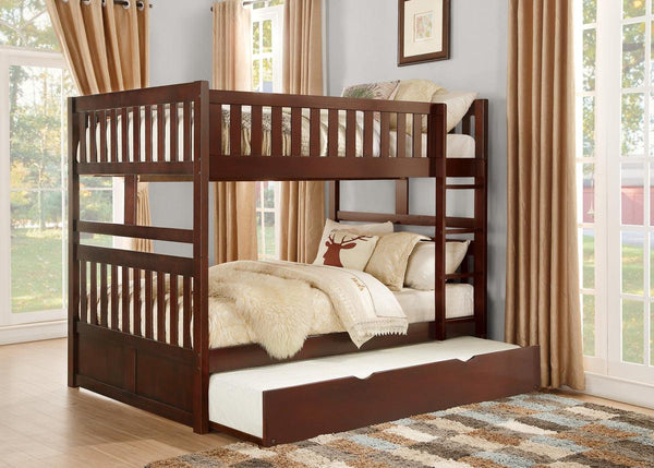 Rowe Dark Cherry Full over Full Bunk Bed with Twin Trundle side view