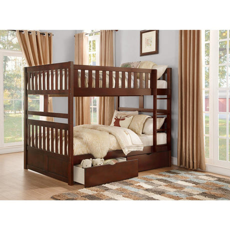 Rowe dark cherry full over full bunk bed with storage boxes, side angle