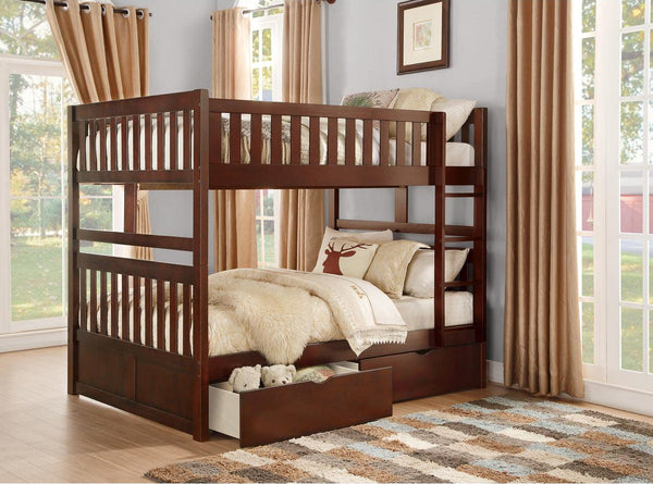 Rowe dark cherry full over full bunk bed with storage boxes, side angle