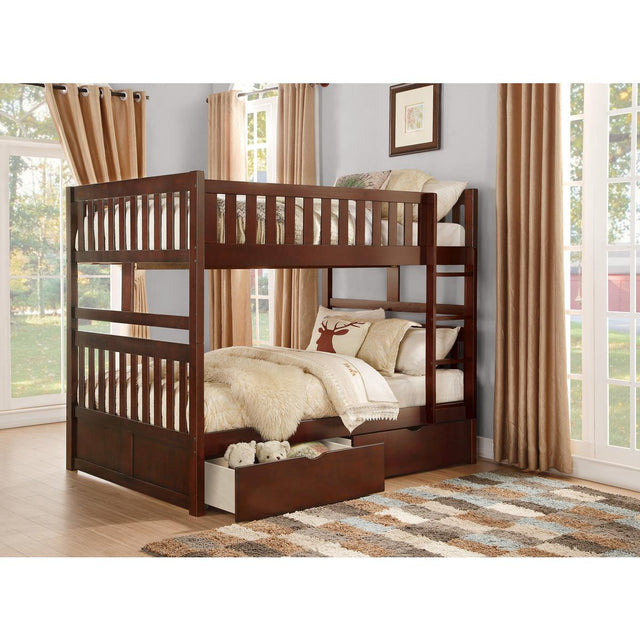 Rowe dark cherry full over full bunk bed with storage boxes, side angle