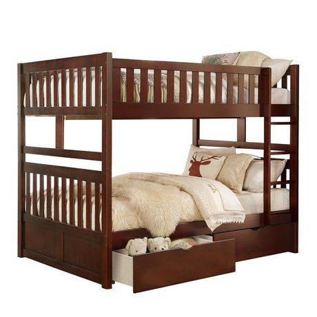 Rowe dark cherry full over full bunk bed with storage boxes, front angle