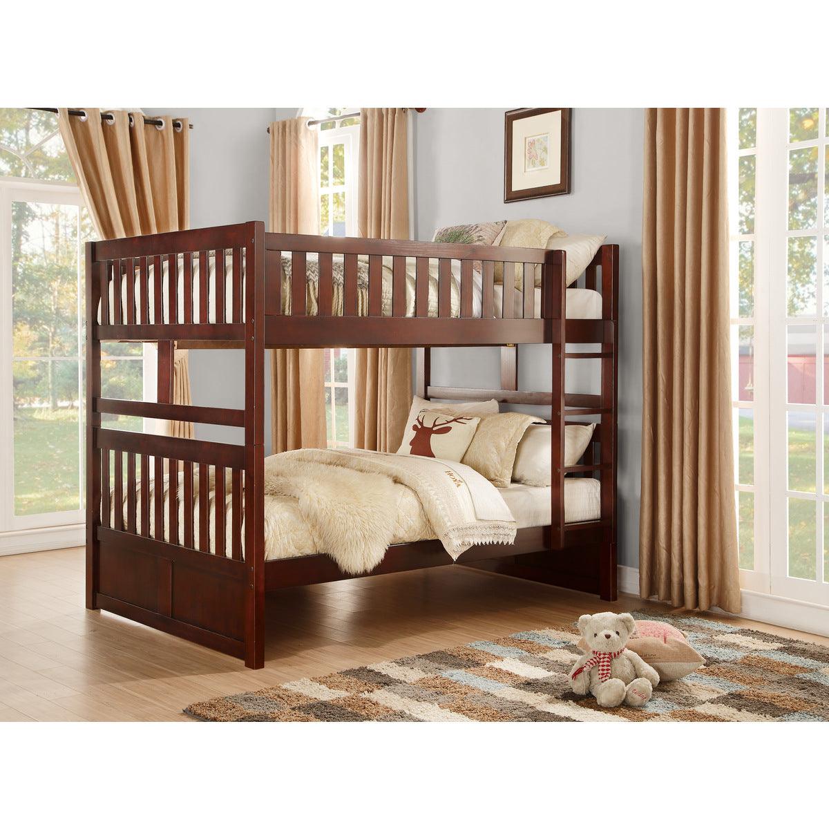 Rowe full over full dark cherry bunk bed side view