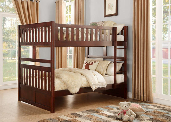 Rowe full over full dark cherry bunk bed side view