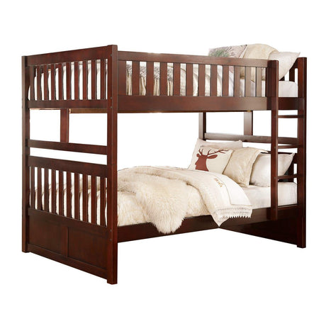 Rowe full over full dark cherry bunk bed angled view
