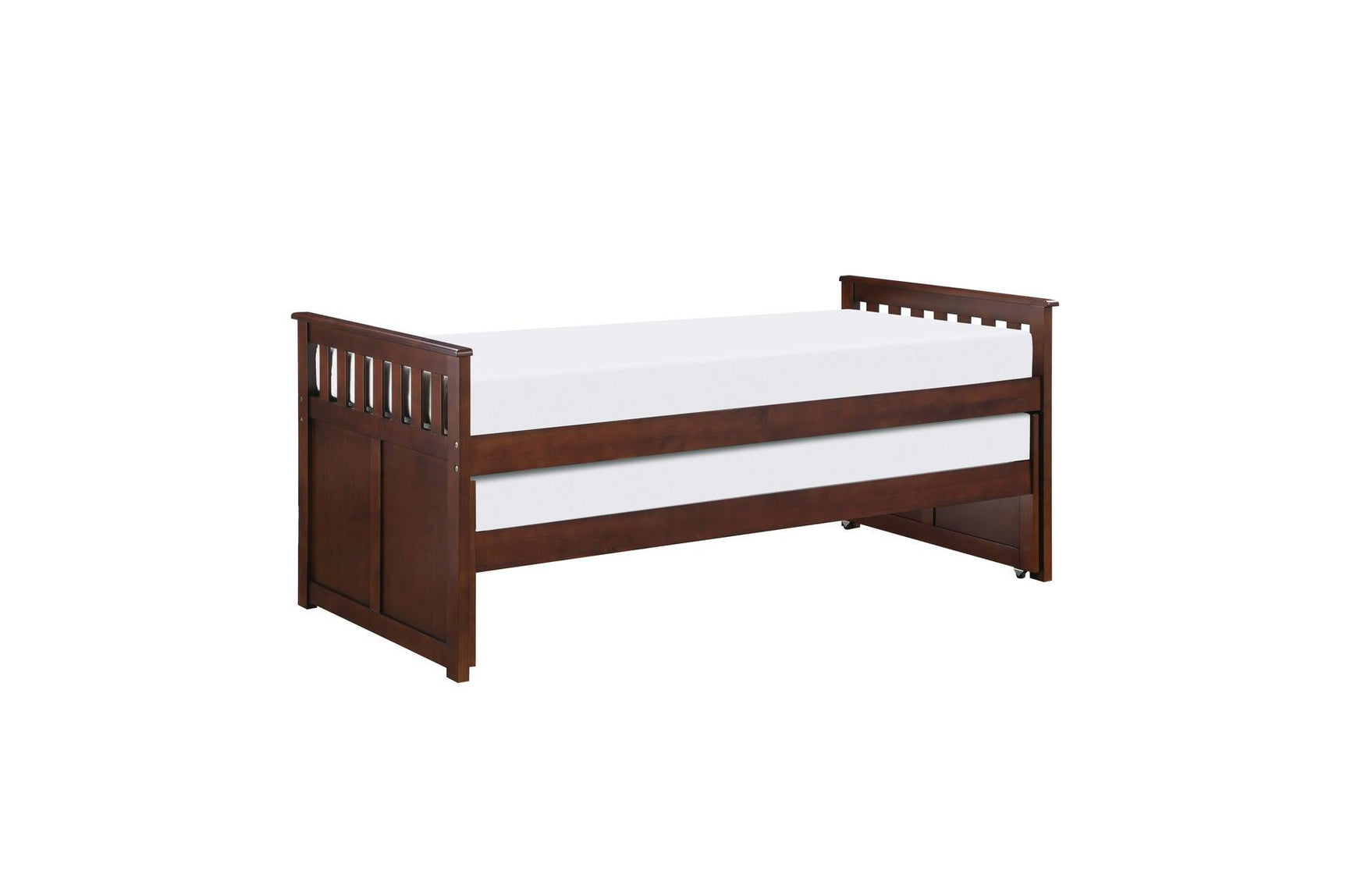 Rowe Dark Cherry twin over twin bed storage drawers open