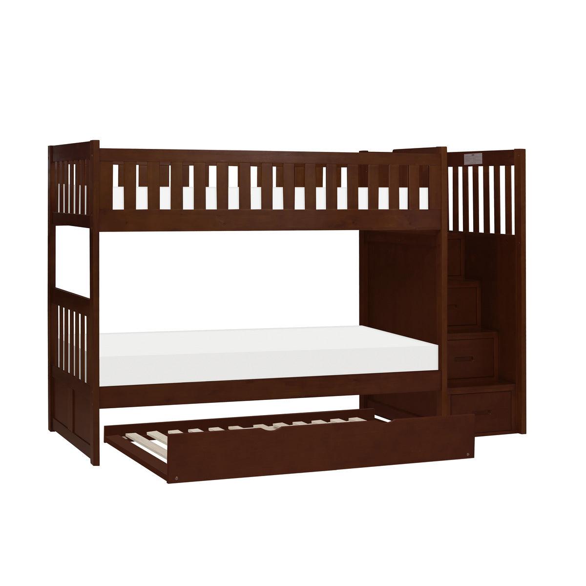 Rowe Dark Cherry step bunk bed with open trundle bed