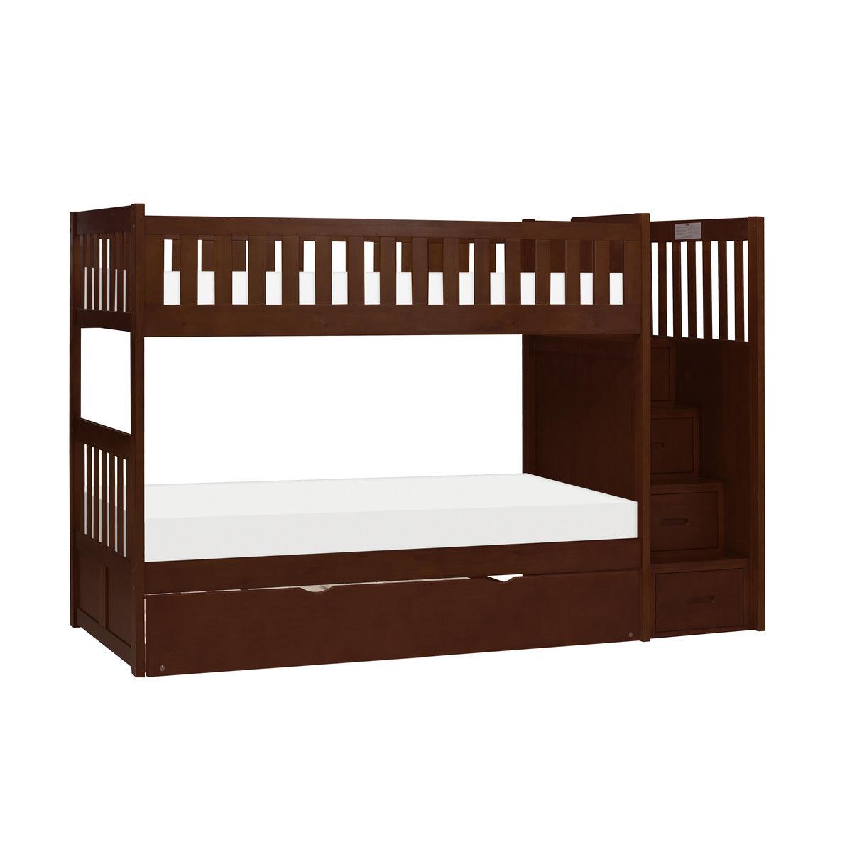 Rowe Dark Cherry Pine Veneer, Wood And Engineered Wood Twin/twin Step Bunk Bed With Twin Trundle - Ella Furniture