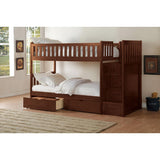 Detailed view of Rowe dark cherry twin over twin step bunk bed with storage boxes