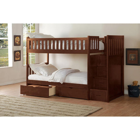 Detailed view of Rowe dark cherry twin over twin step bunk bed with storage boxes