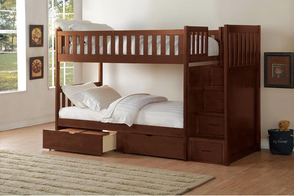 Detailed view of Rowe dark cherry twin over twin step bunk bed with storage boxes