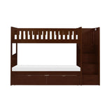 Rowe dark cherry twin over twin step bunk bed with storage boxes, front view
