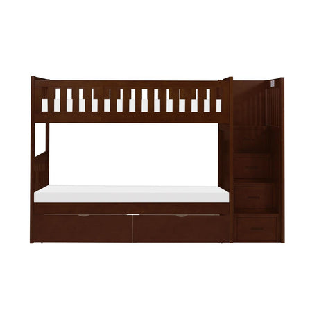 Rowe dark cherry twin over twin step bunk bed with storage boxes, front view
