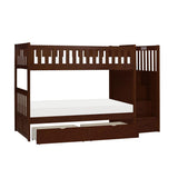 Open storage drawers on Rowe dark cherry twin over twin step bunk bed