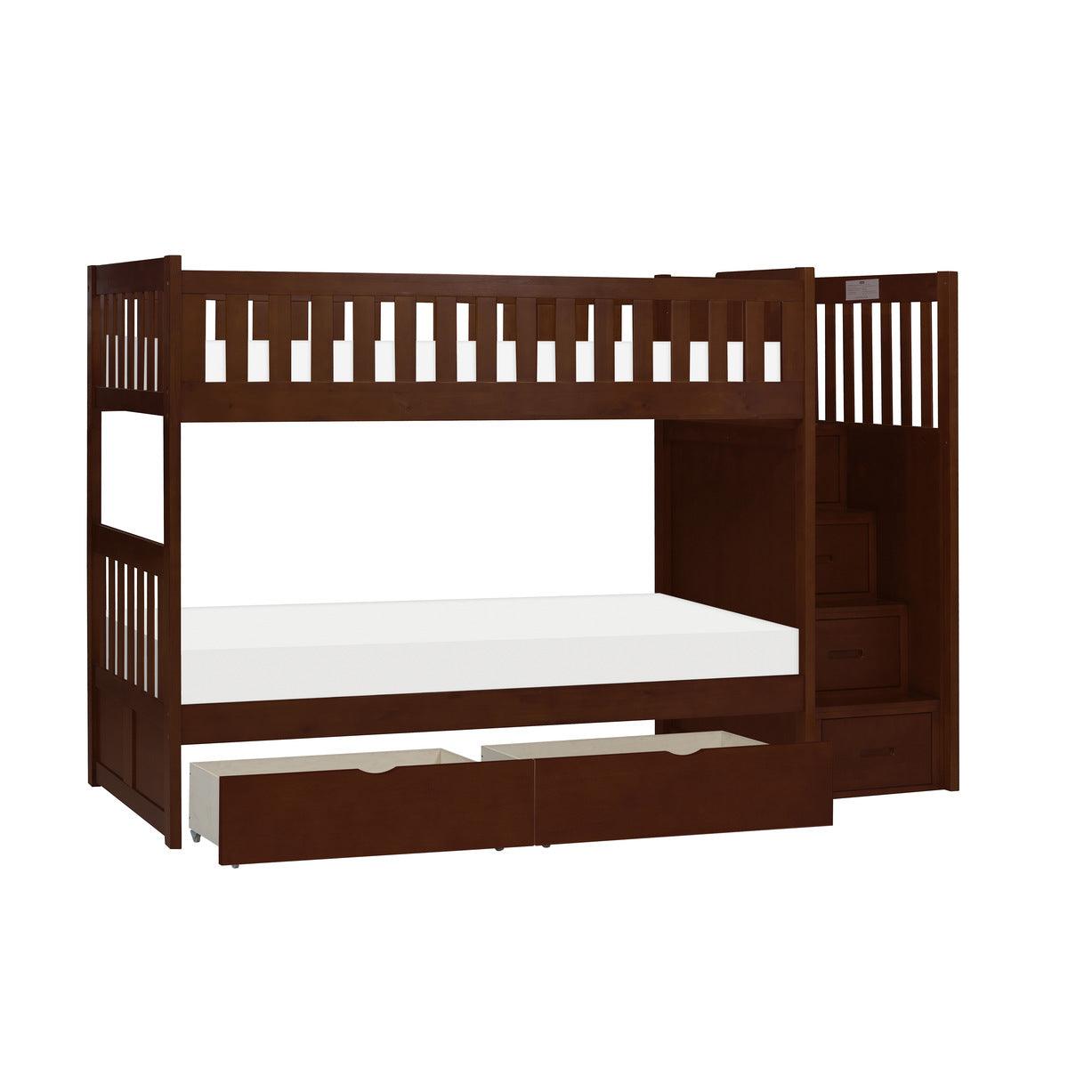 Open storage drawers on Rowe dark cherry twin over twin step bunk bed