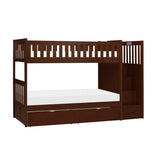 Side angle of Rowe dark cherry twin over twin step bunk bed with storage staircase