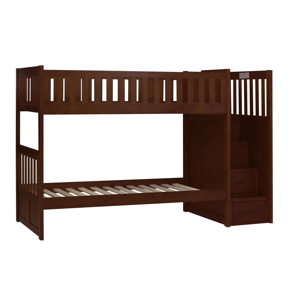 Side view of Rowe Twin Over Twin Step Bunk Bed with guardrails