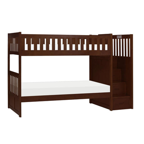 Side view of Rowe Dark Cherry Twin Over Twin Step Bunk Bed showing steps