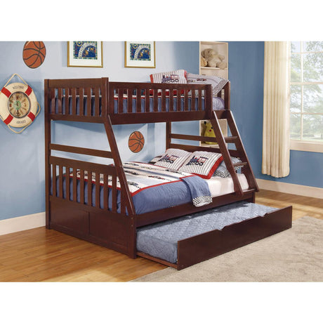 Rowe dark cherry finish twin over full bunk bed with twin trundle side view