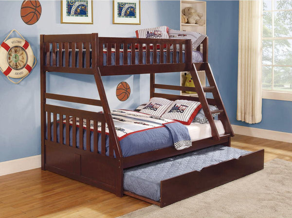 Rowe dark cherry finish twin over full bunk bed with twin trundle side view