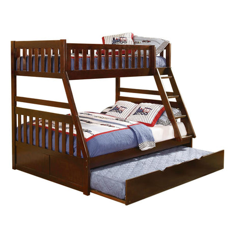 Rowe dark cherry finish twin over full bunk bed with twin trundle front angle