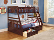 Rowe dark cherry twin over full bunk bed side angle with storage boxes