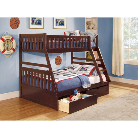 Rowe dark cherry twin over full bunk bed side angle with storage boxes