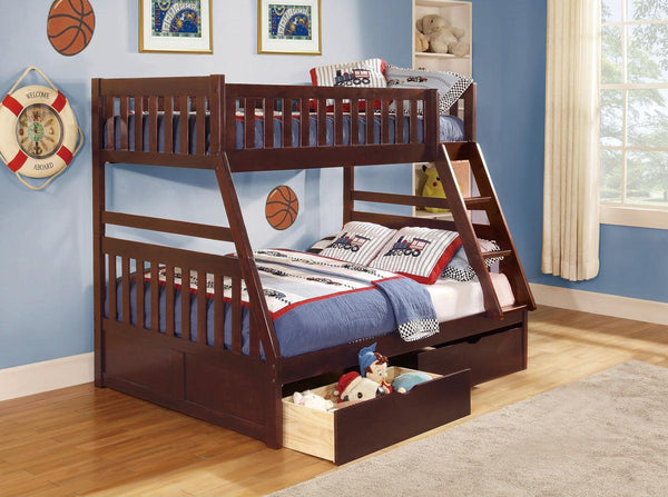 Rowe dark cherry twin over full bunk bed side angle with storage boxes